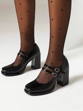 Cellenz Women's Black Patent Double-Strap Block Heel Mary Jane Pumps 8